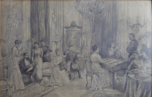 Richard Benno Adam, Ein Abend bei S.k.k.H. Erzherzog Friedrich in Preburg Jan. 1900, Bleistiftzeichnung