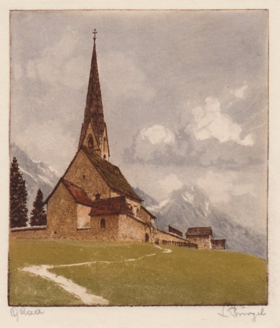 Ludwig Brgel, Kirchlein im Gebirge, Farbradierung