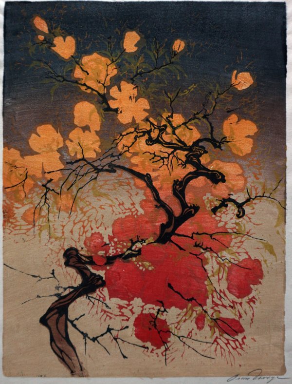 Paul Oscar Droege, Baum mit Blüten, Farbholzschnitt