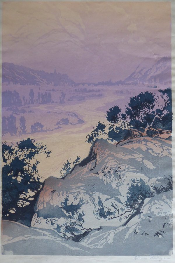 Droege, Paul Oscar: Blick in ein verschneites Tal (Farbholzschnitt)