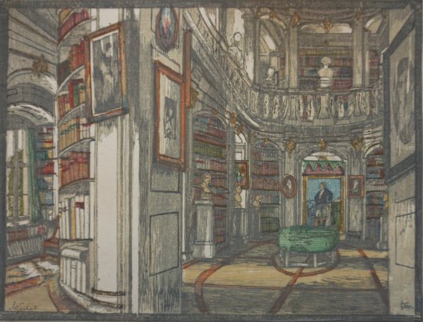 Margarete Geibel, Bibliothek in Weimar, Blatt I, Handabzug Farbholzschnitt 1913