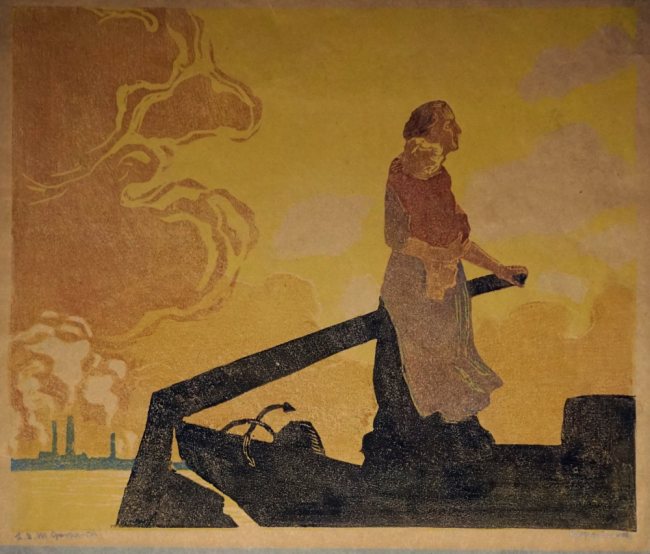 L.E. Margarete Gerhardt, ohne Titel. Frau mit Kind am Ruder eines Fluschiffes, Farbholzschnitt oder Linolschnitt
