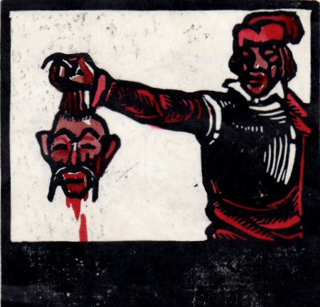 Jenö Harangy, ohne Titel, kolorierter Holzschnitt, színezett fametszet, Kivégzés, Hinrichtung