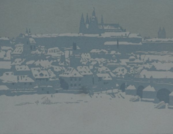 Arnot Hofbauer, Zimn Hradcany (Prager Burg im Winter, Farbholzschnitt