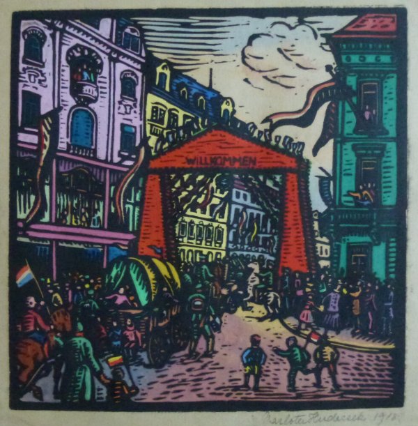 Charlotte Amalie Hudecsek, Willkommen 1918, Kolorierter Holzschnitt