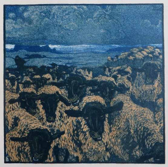 Ludwig Heinrich Jungnickel: Heimkehrende Schafe (Lithografie, um 1919)