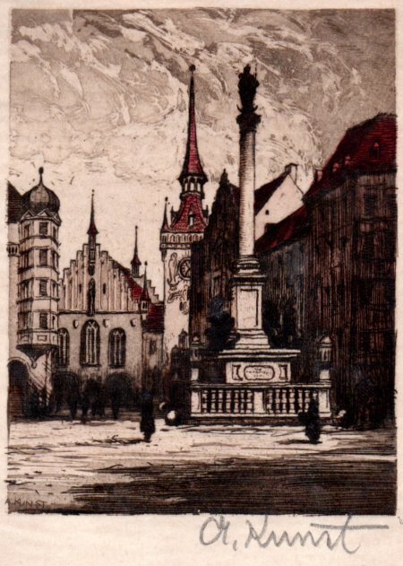 Adolf Kunst: Marienplatz Mnchen (Koloriete Radierung)