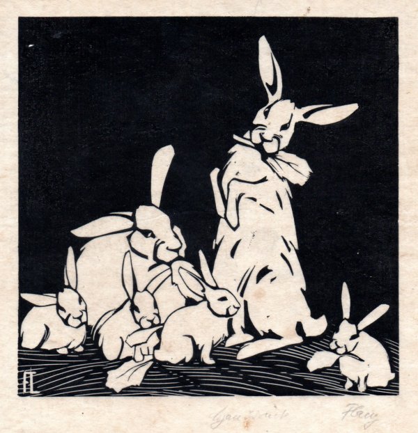 Fritz Lang, Hasenfamlie, Holzschnitt 1907, Handdruck