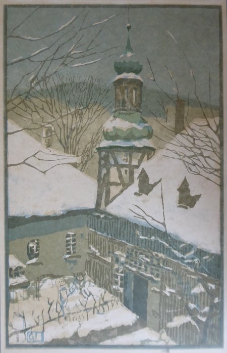 Getrud Leschner, Kirche mit Pfarrhaus im Winter, Farbholzschnitt