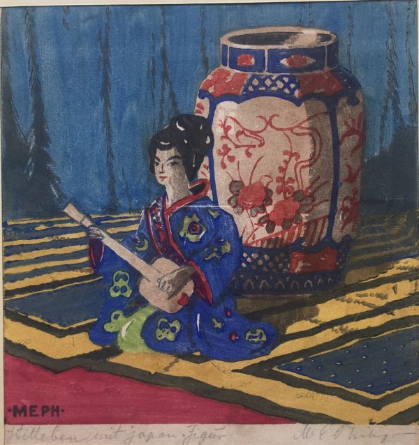 Martin Erich Philipp (MEPH): Stilleben mit japanischer Figur (Farbholzschnitt 1920)