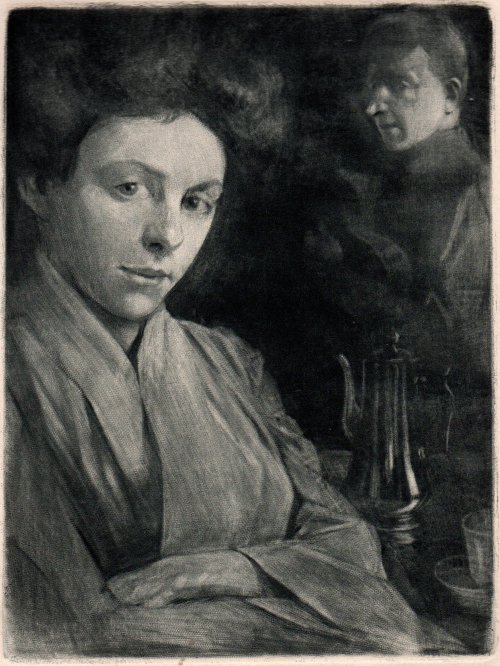 Hans Neumann jr, Frau am Tisch sitzend mit dem Knstler, Radierung