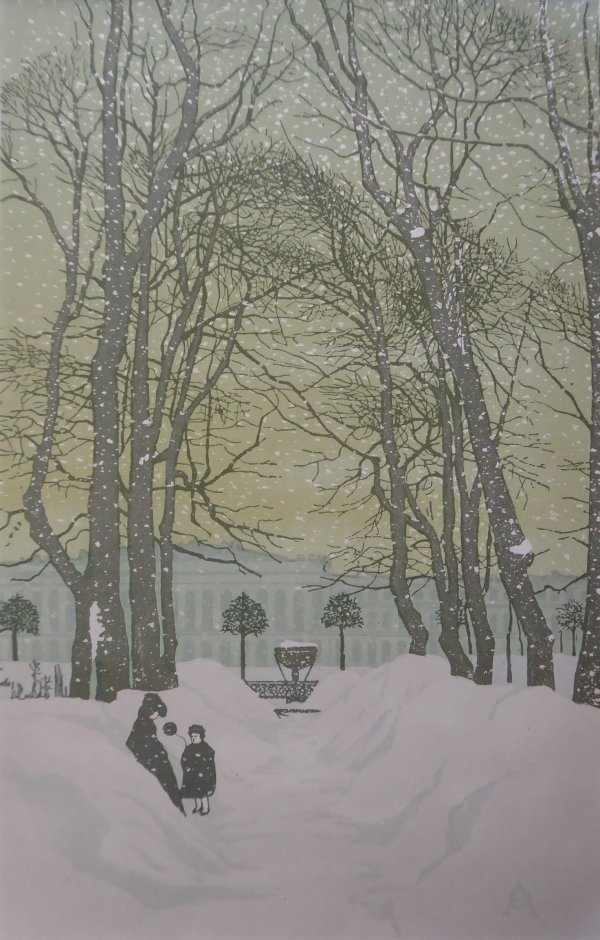Anna Petrowna Otroumowa-Lebedewa, Farbholzschnitt 1902, St. Petersburg, der Sommergarten im Winter