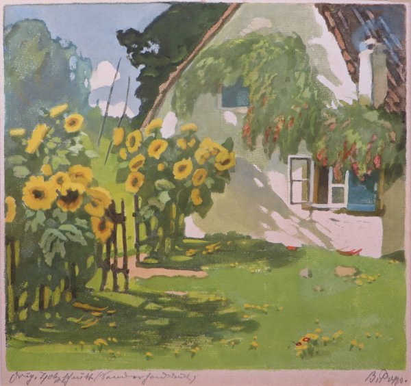 Popp-Schmidt, Barbara: Sonnenblumen vor einem Haus (Farbholzschnitt)