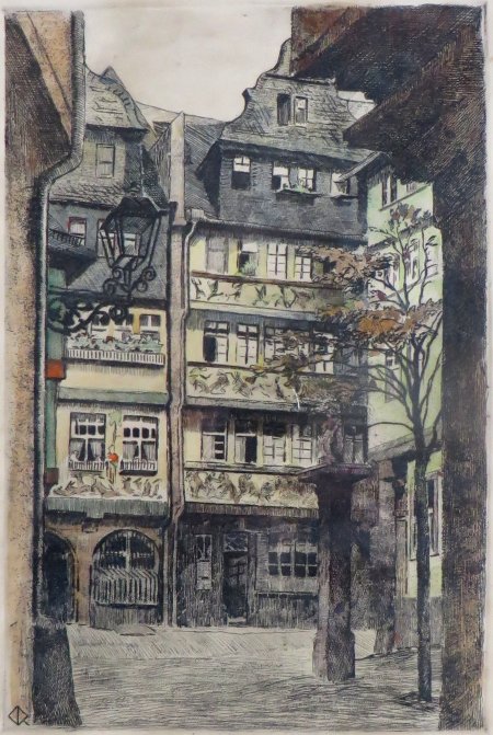 Carl Rang: Hasenhaus Frankfurt/M (Kolorierte Radierung)