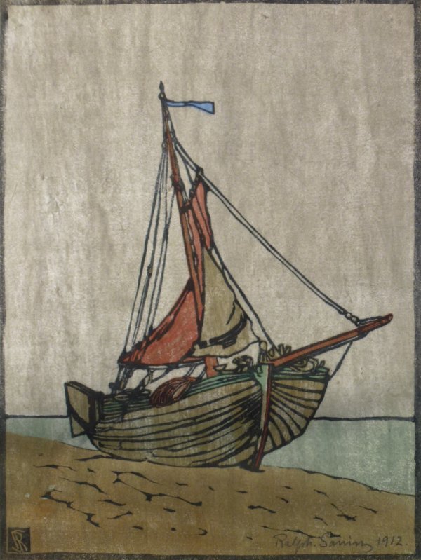 Ralph Sanin, Zandvoort, Holländisches Fischerboot am Strand, Farbholzschnitt 1912