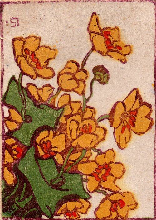 Lisbet Schultz, 3 Holzschnitte mit Blumen, Farbholzschnitt