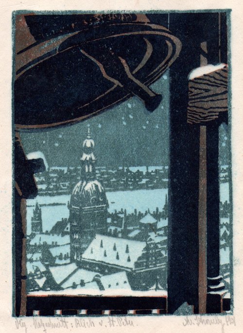 Alexander von Stromberg, Blick von St. Peter, Riga, Farbholzschnitt 1921