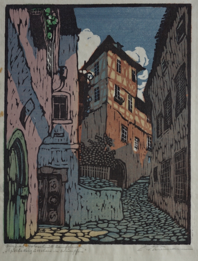 Carl Thiemann, Farbholzschnitt, Apothekergchen in Wimpfen (1909)