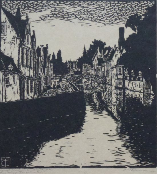 Carl Thiemann, Brgge, Der Grne Kai, Holzschnitt 1915