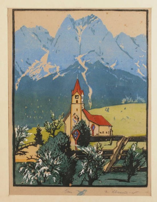 Karl Schmidt-Wolfratshausen: "Kirche im Gebirge" (Farbholzschnitt)