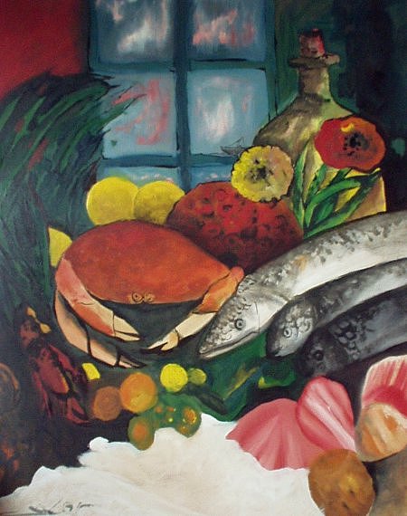 Willi Weber: "Stillleben mit Fischen" (l auf Spanplatte)