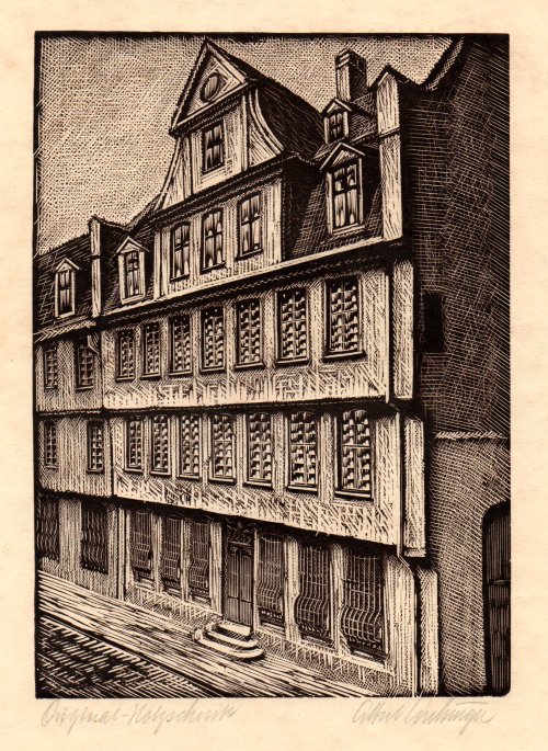 Albert Aichinger: Goethes Geburtshaus (Holzschnitt)