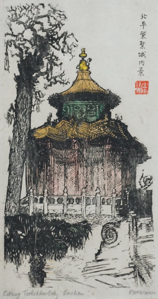 Emma Bormann-Milch, Forbidden City Pavillon, kolorierter Linolschnitt