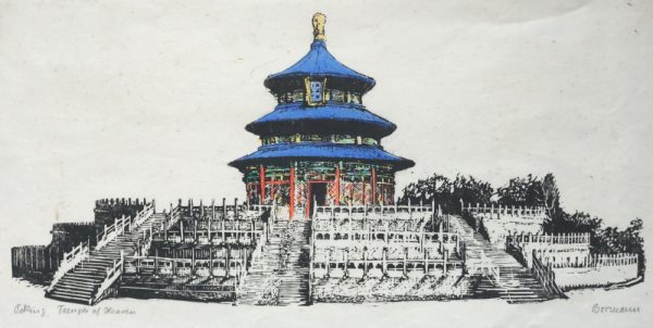 Emma Bormann-Milch, Beijing Temple of Heaven, kolorierter Linolschnitt