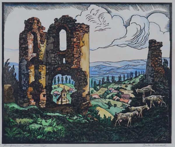 Conrad Gyula, Hungarian ruins, kolorierter Holzschnitt, sznezett fametszet