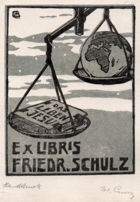 Martha Cunz, Ex libris Friedrich Schulz , Farbholzschnitt 1915