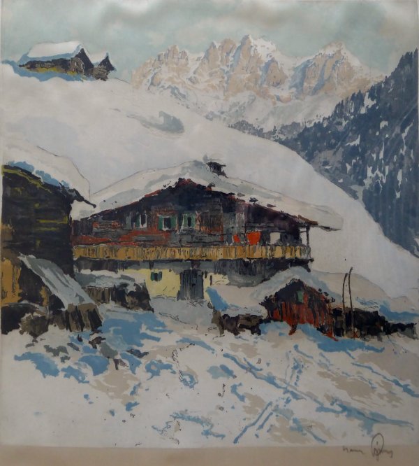 Hans Figura, Alpine Schneelandschaft,  Farbradierung auf Seide