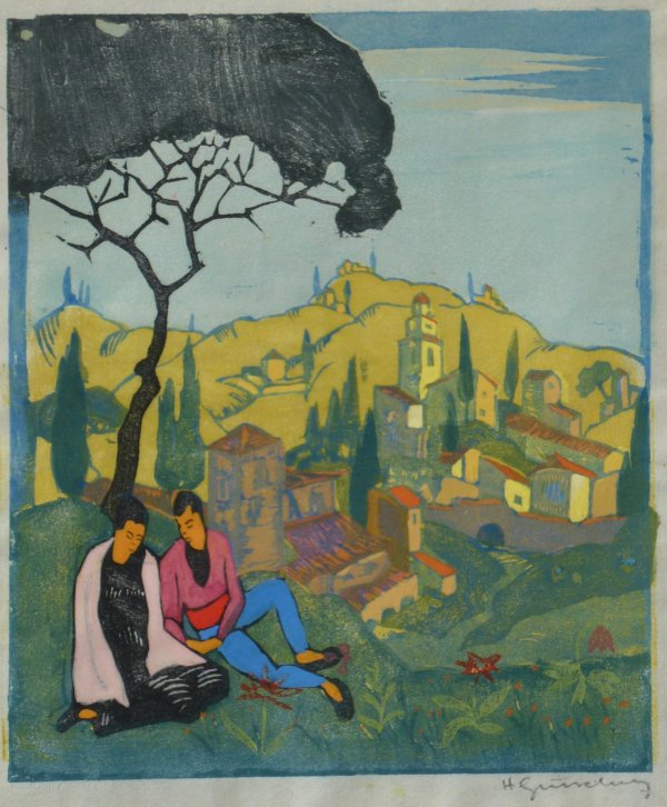 Herbert Gurschner, Italienische Landschaft mit Liebespaar, Farbholzschnitt