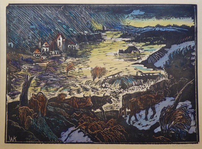 Klemm, Walter: Hochwasser (Kolorierter Holzschnitt 1916)
