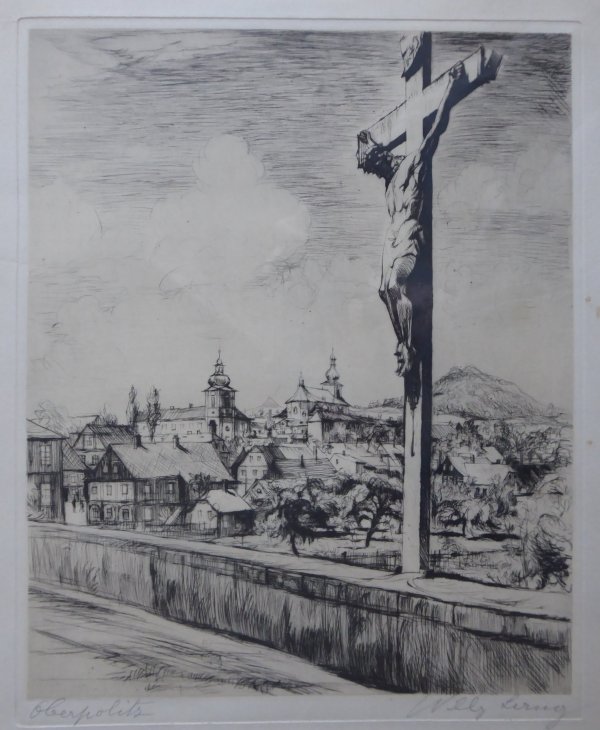 Willy Lang, Oberpolitz, Kreuz auf der Polenzbrcke in Politz, Radierung