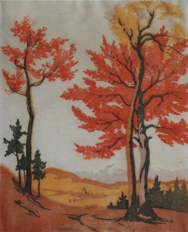 Carl Rotky, Farblinolschnitt 1935, Herbst im Sausal, St. Nikolai