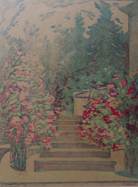 Elisabeth Schott: Eingang zur Villa (Farbholzschnitt)