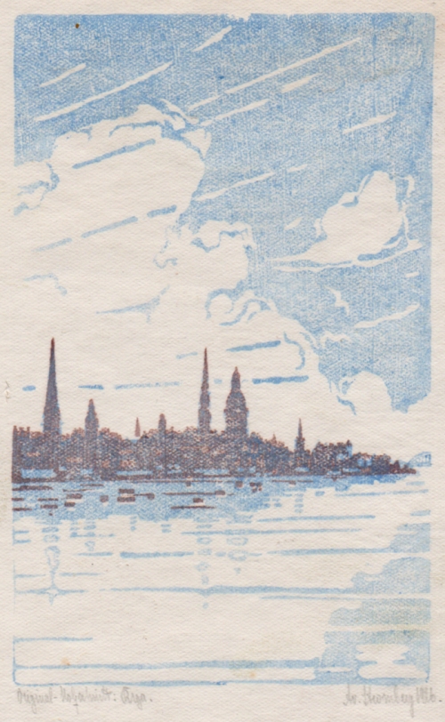 Alexander von Stromberg, Riga Altstadt-Panorama, Farbholzschnitt 1926