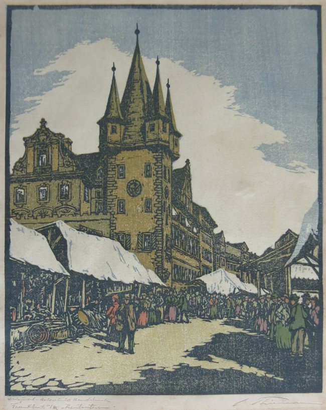 Carl Thiemann, Frankfurt am Main Rententurm,  Farbholzschnitt 1925