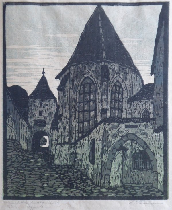 Carl Thiemann, Kloster in Pappenheim, Farbholzschnitt 1909