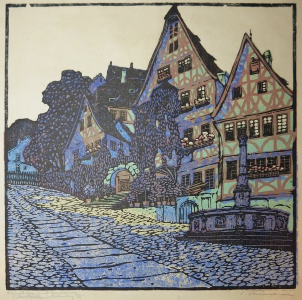 Carl Thiemann, Marktplatz in Miltenberg am  Main, Farbholzschnitt 1909