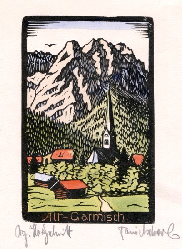 Toni Ascherl: "Alt-Garmisch" (kolorierter Holzschnitt)